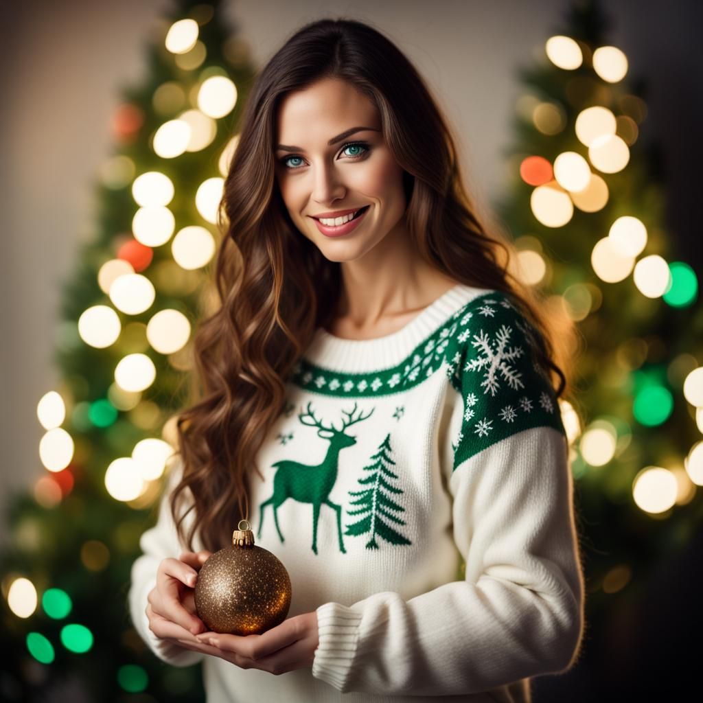 Brunette Woman with Christmas Sweater, Professional Photogra...