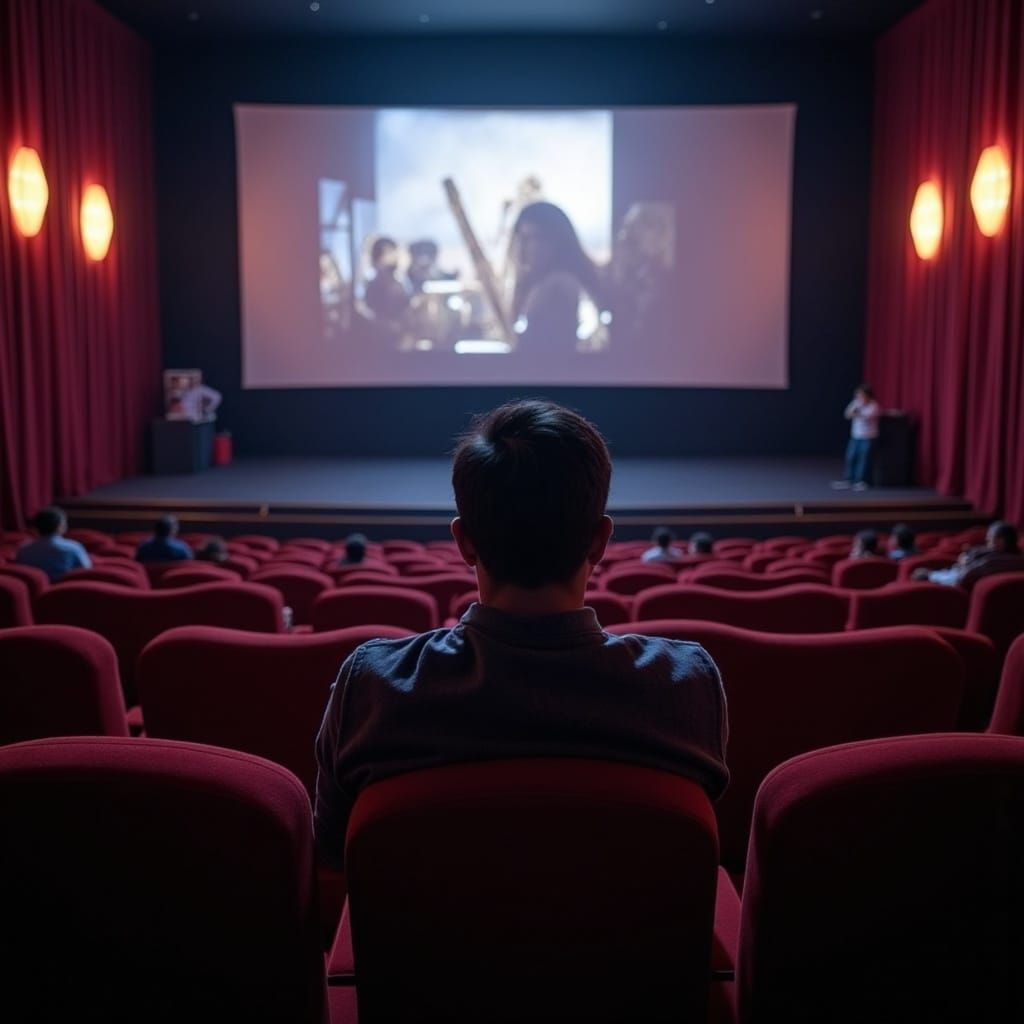 A Young Man Enjoys a Movie in a Classic Cinema Hall Setting