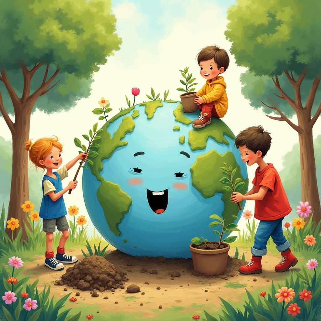 Kids Planting Trees with Smiling Earth: Whimsical Illustrati...