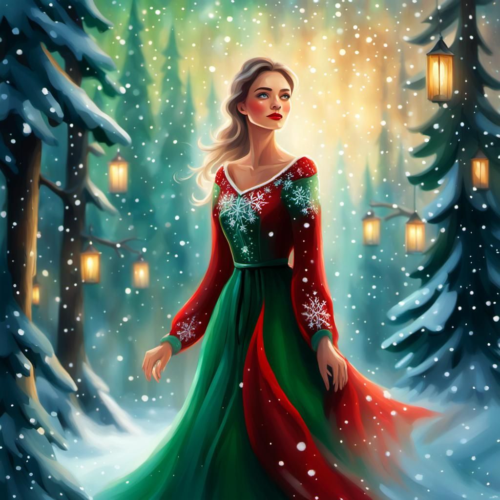 Festive Woman in Winter Wonderland, Fantasy Art