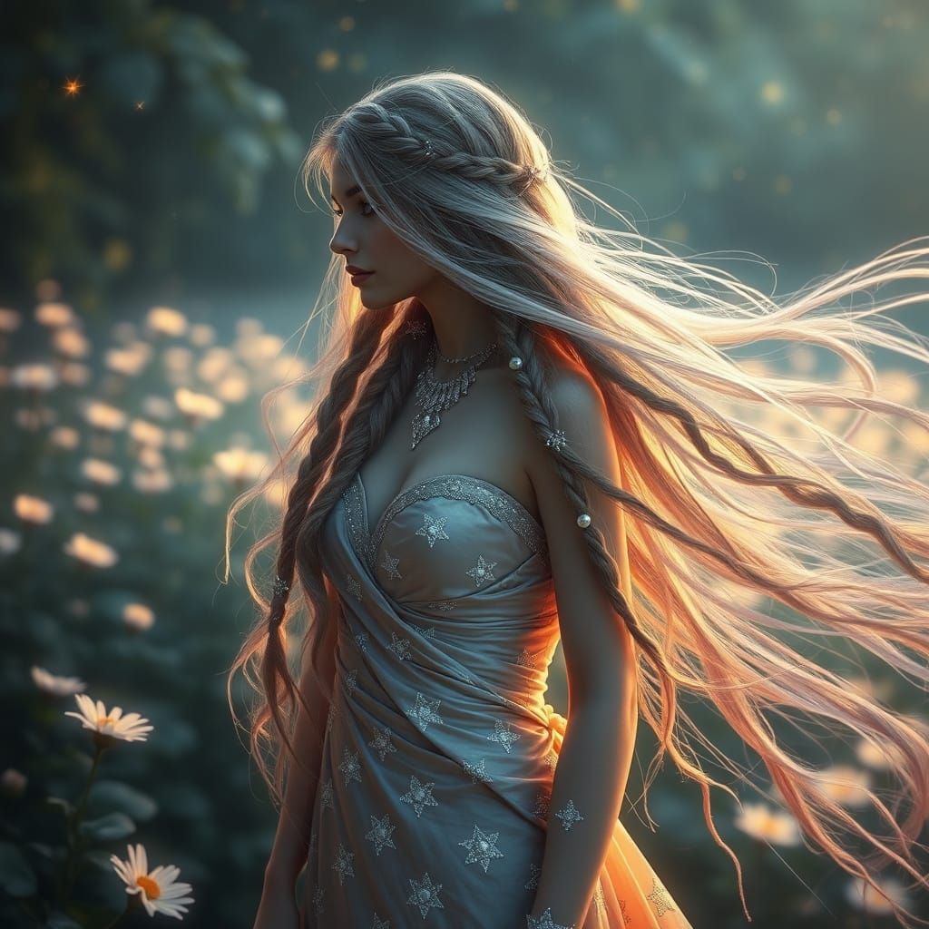 Starlight Hair in Moonflower Garden, Hyperrealism Style