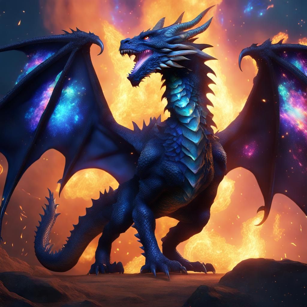 Midnight Blue Dragon with Bioluminescent Flames