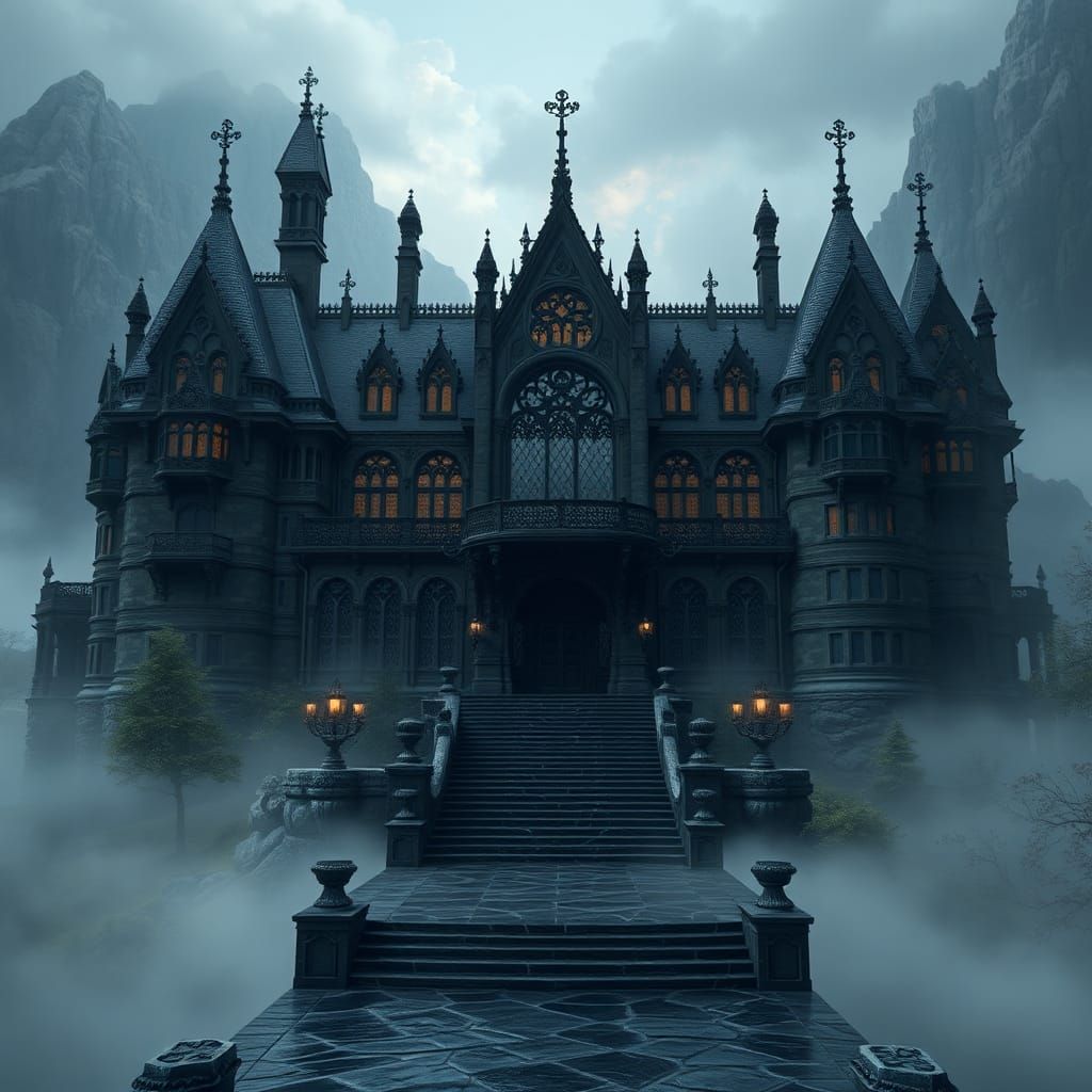 A mansion with polished blackstone walls