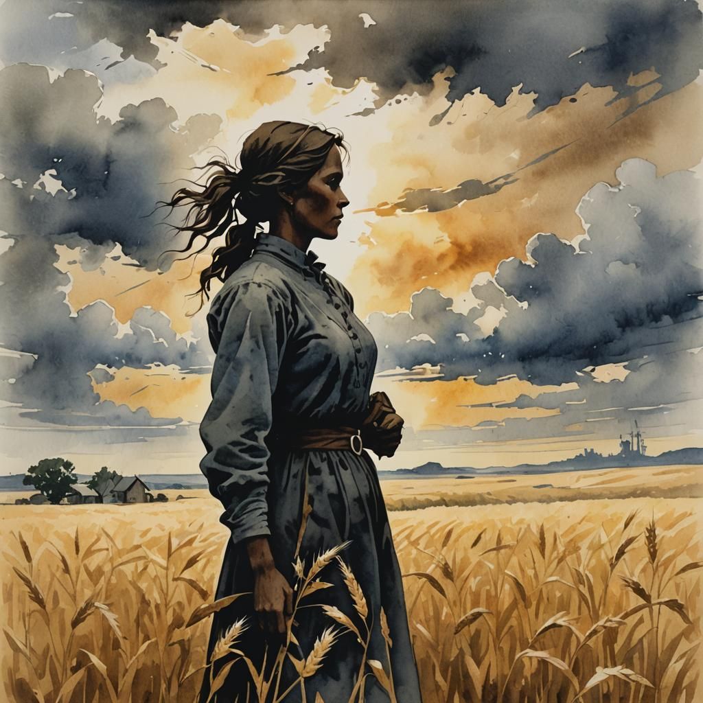 Prairie Woman Silhouette with Wheat Field, Watercolor