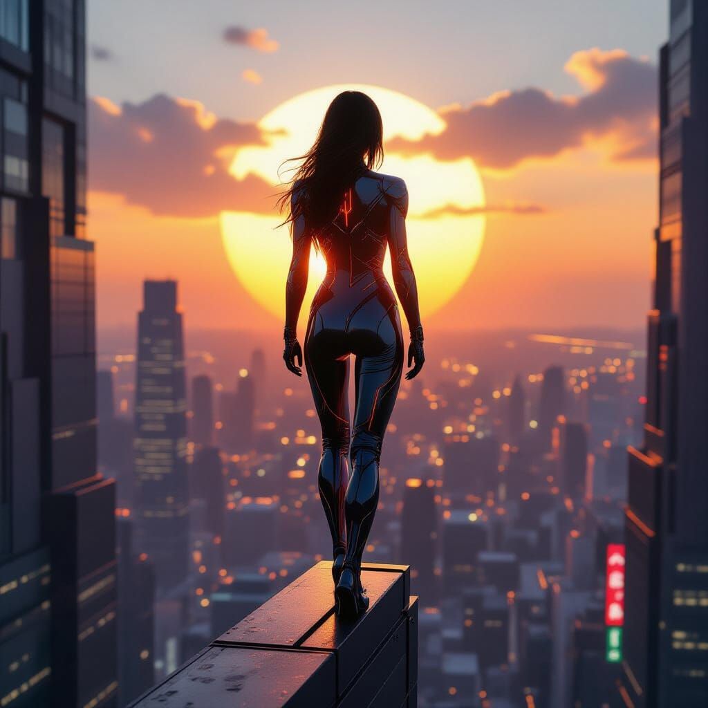 Futuristic Japanese Heroine on Skyscraper Edge