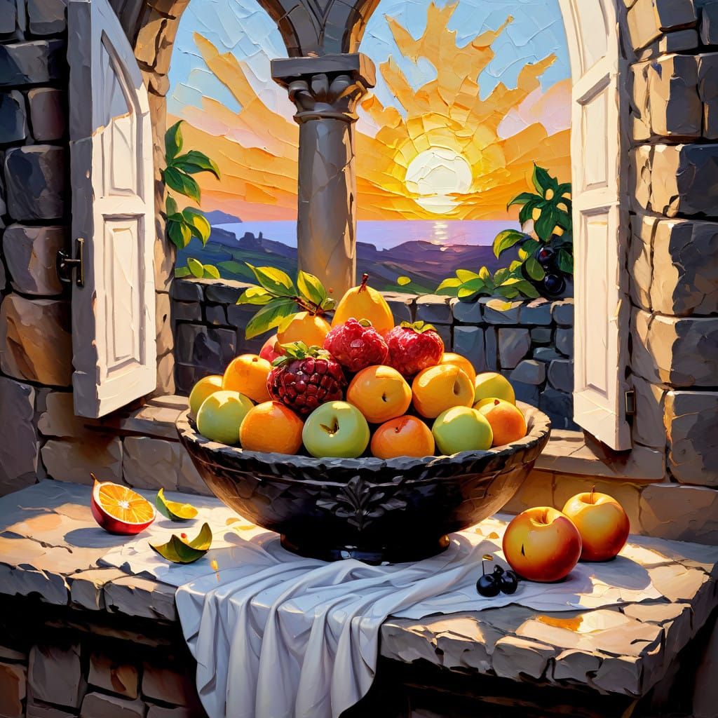 (impasto oil painting: 1.6) gothic, bowl of fruit on a stone ledge, open window at sunset
