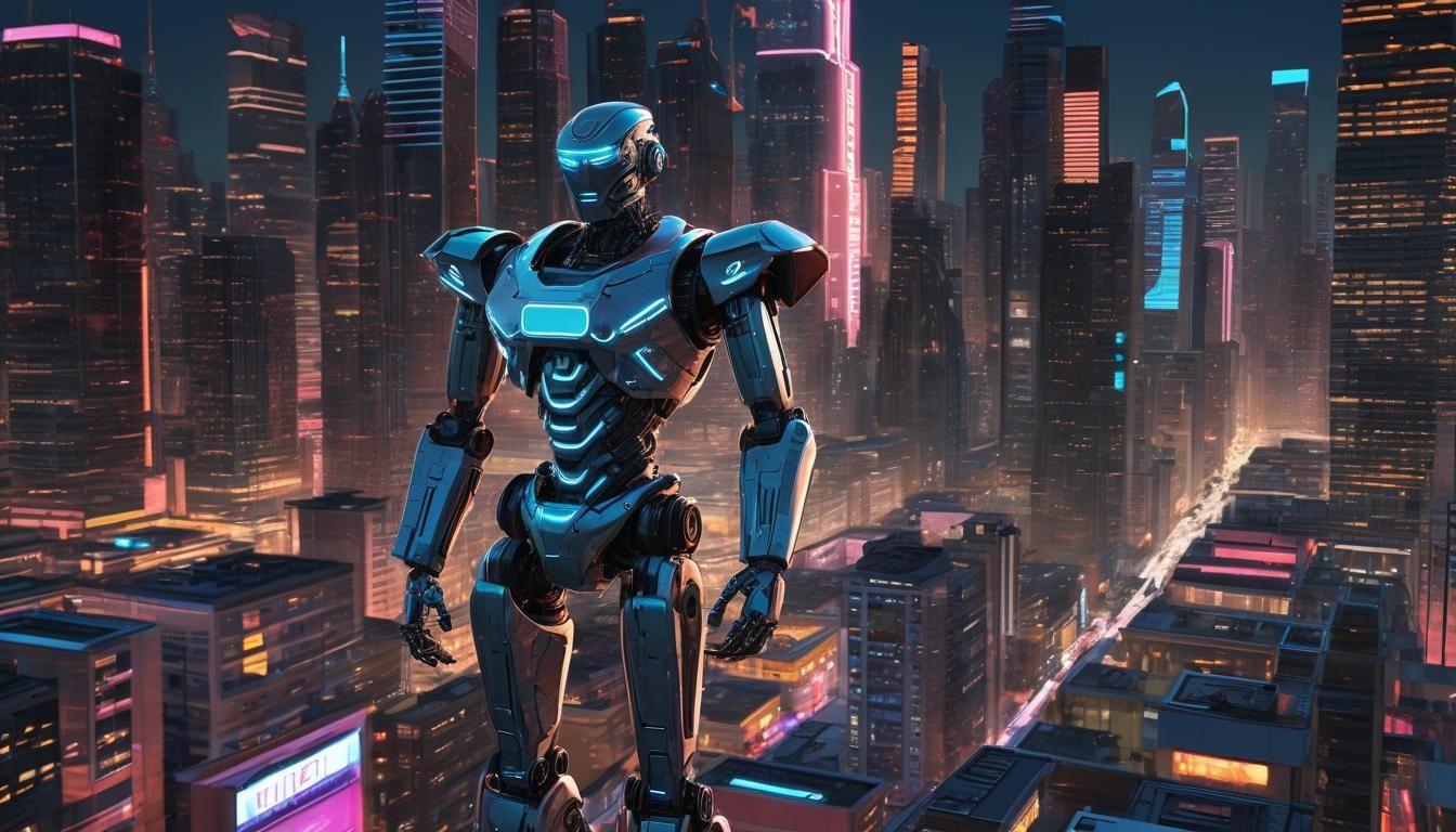 Futuristic Robot in Neon City: Vibrant Pop Art