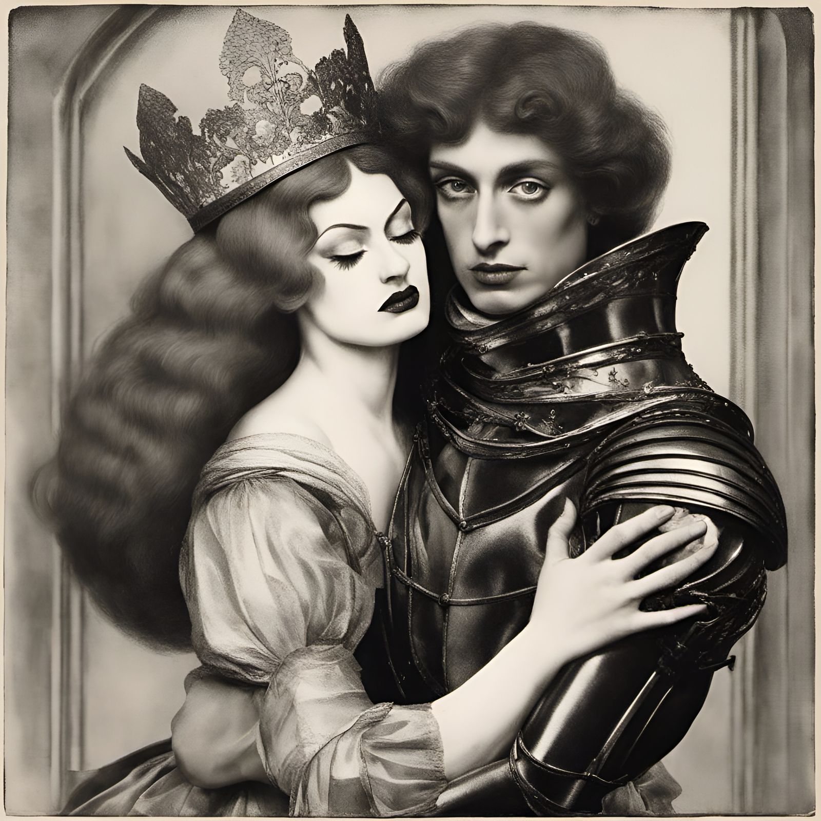 Knight and Drag Queen Embrace: Pre-Raphaelite Style