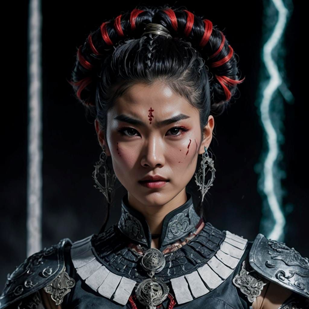 Hyperrealistic Asian Warrior in Snowy Landscape