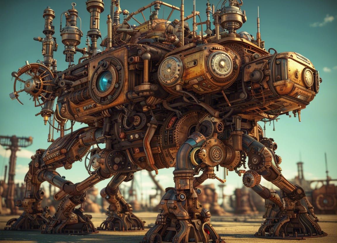 Steampunk Mechanized Walker in a Detailed Matte Painting