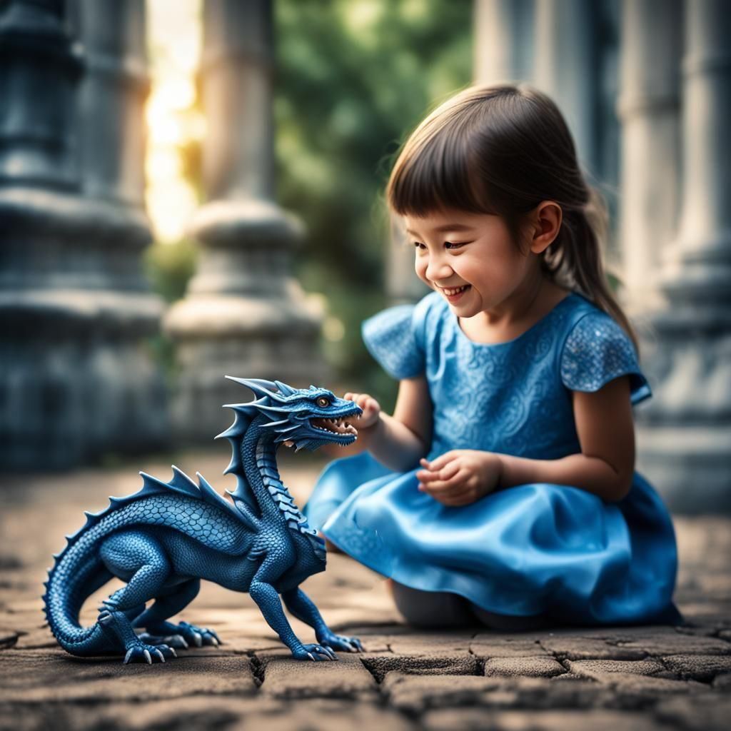 Girl and Miniature Blue Dragon, Hyperrealistic Image