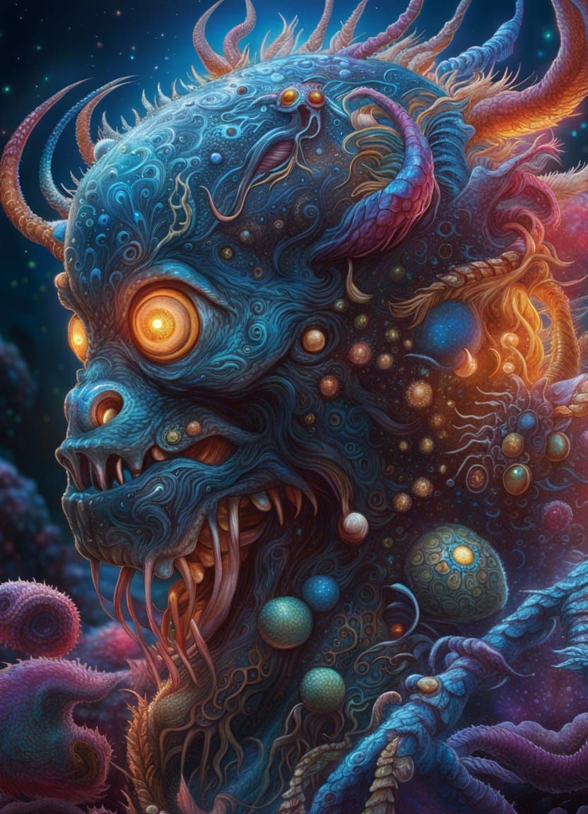 Bioluminescent Amoeba Monster in Cosmic Holographic Style