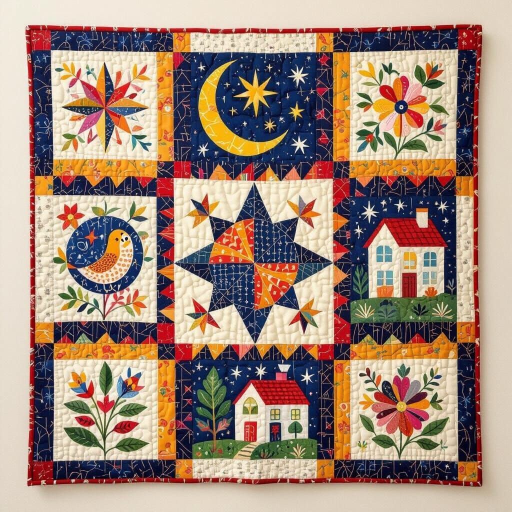 Whimsical Quilt With Celestial & Domestic Scenes
