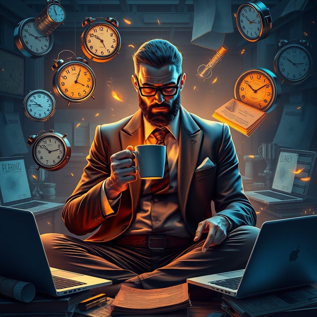 Modern Shaman in Office Chaos: Hyperrealistic Digital Art