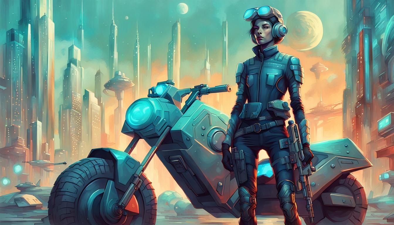 Retro-Futuristic Soldier with Flying Bike