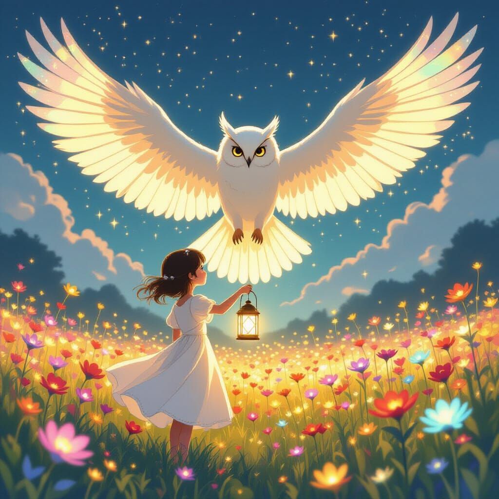 Girl, Lantern, and Owl Spirit in Dreamlike Style