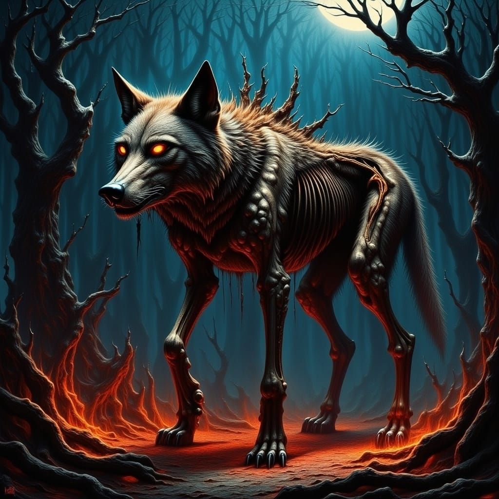 Undead Wolf in Twisted Forest: Digital Illustration