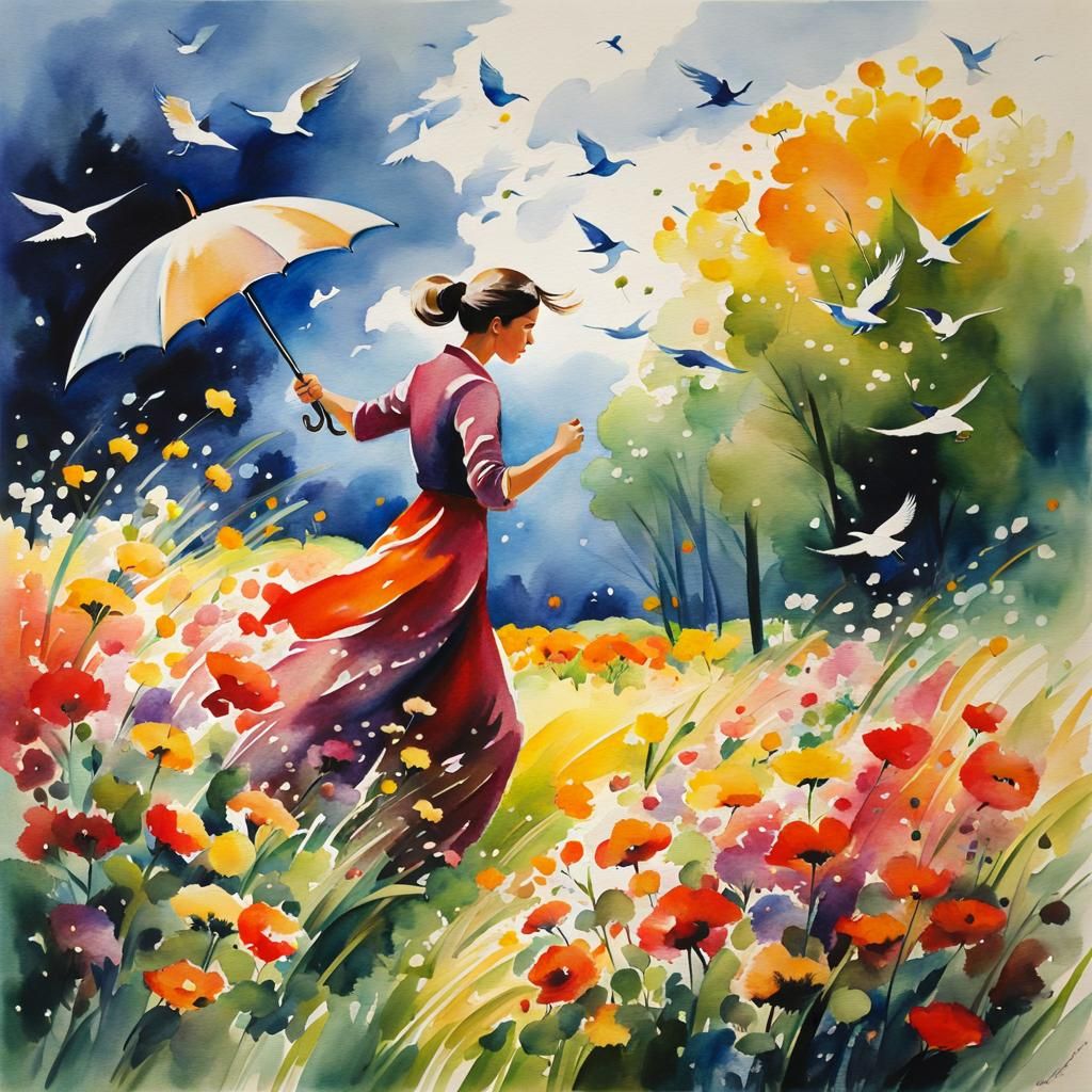 Woman with Umbrella in Windy Flower Field: Post-Impressionis...