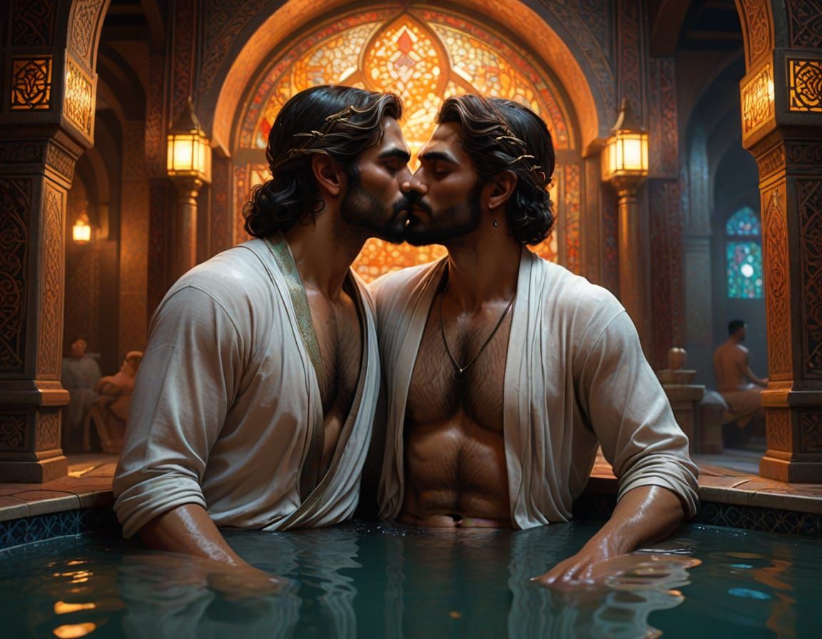 Persian Men Kissing in Bathhouse: Splash Art