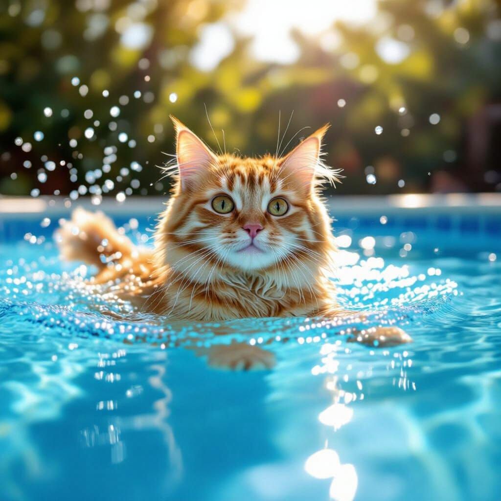 Fluffy Ginger Cat Paddles in Bright Blue Pool