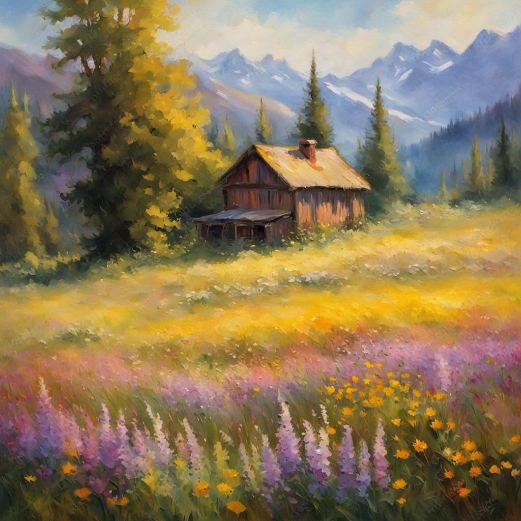 Impressionist Alpine Meadow in Springtime Splendor