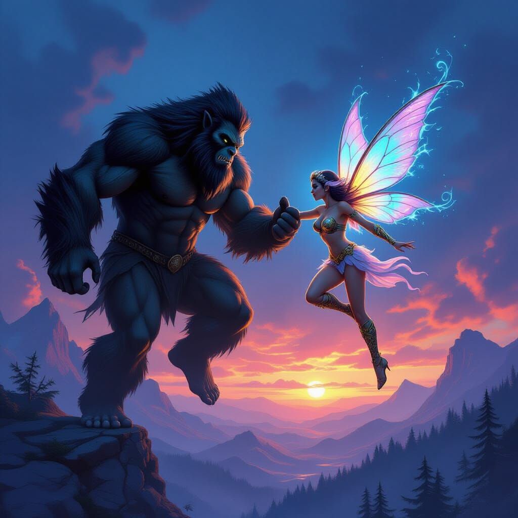 Bigfoot and Fairy in Dark Fantasy Battle