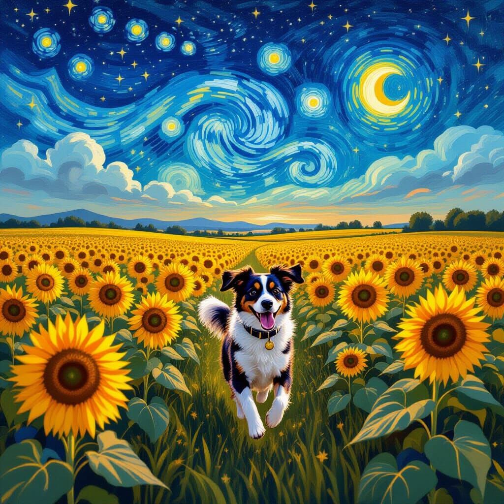 Dog Running in Starry Sunflower Field, Impressionistic Style