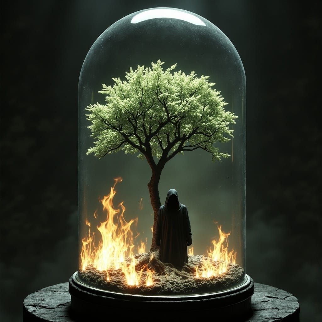 A Tree of Life in a Blazing Airlock, with Dark Figure Inside