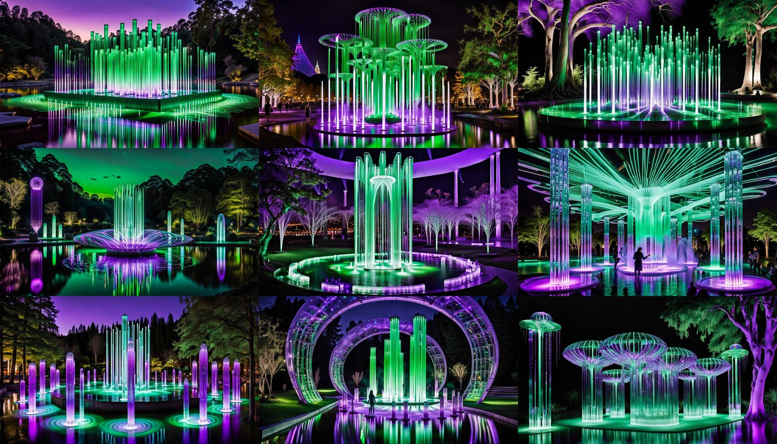 A futuristic plasma fountain inspired by Bruce Munro with green and purple lights, flowing water, kinetic sculptures, an...