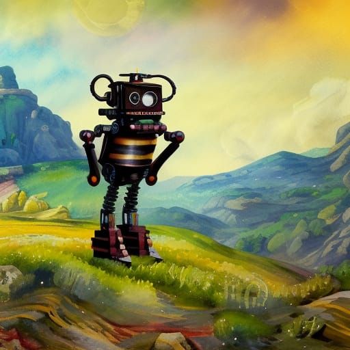 Steampunk Robot on Hillside in Gouache Style