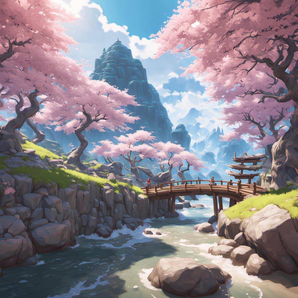Anime Floating Island with Cherry Blossoms