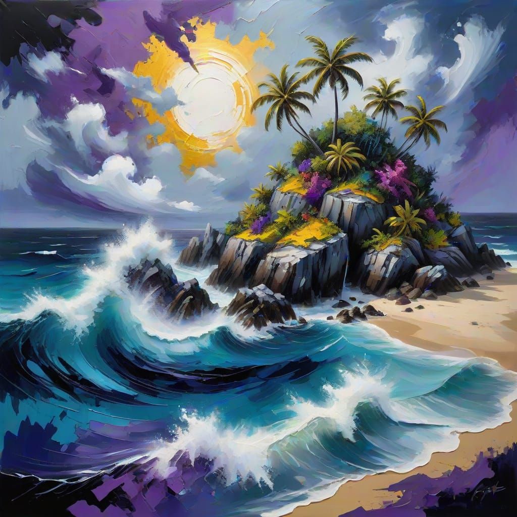 Vibrant Caribbean Island Landscape in Expressive Oil Paintin...