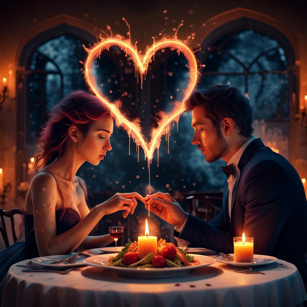 Romantic Candlelit Dinner with Glowing Couple in HDR