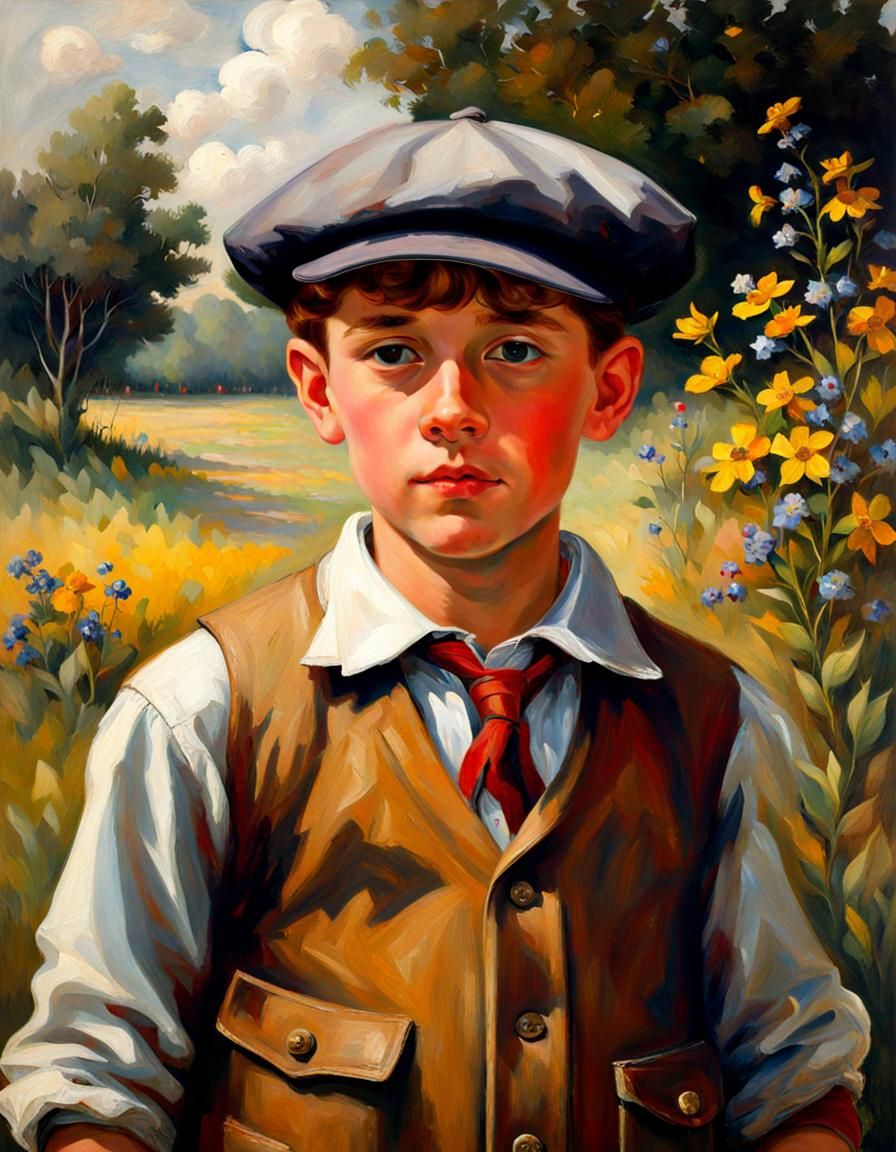 Turn of the Century Paperboy Portrait in Atmospheric Lightin...