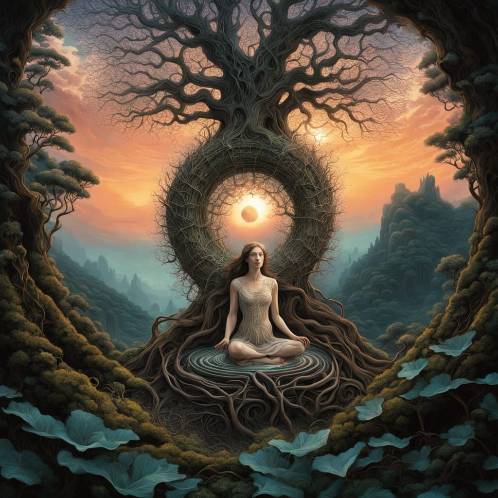 Surreal Beauty: Mystical Woman Amidst Labyrinthine Light