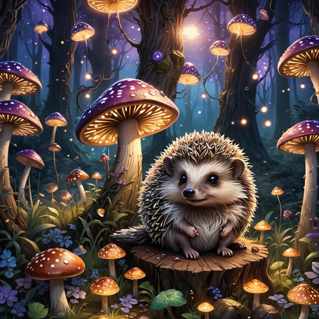Enchanted Hedgehog in Mystical Forest, Fantasycore Art