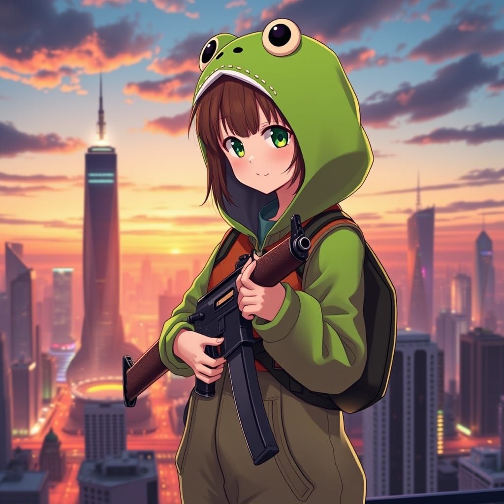 Anime Girl in Frog Kigurumi Holds AK-74 Against Cityscape