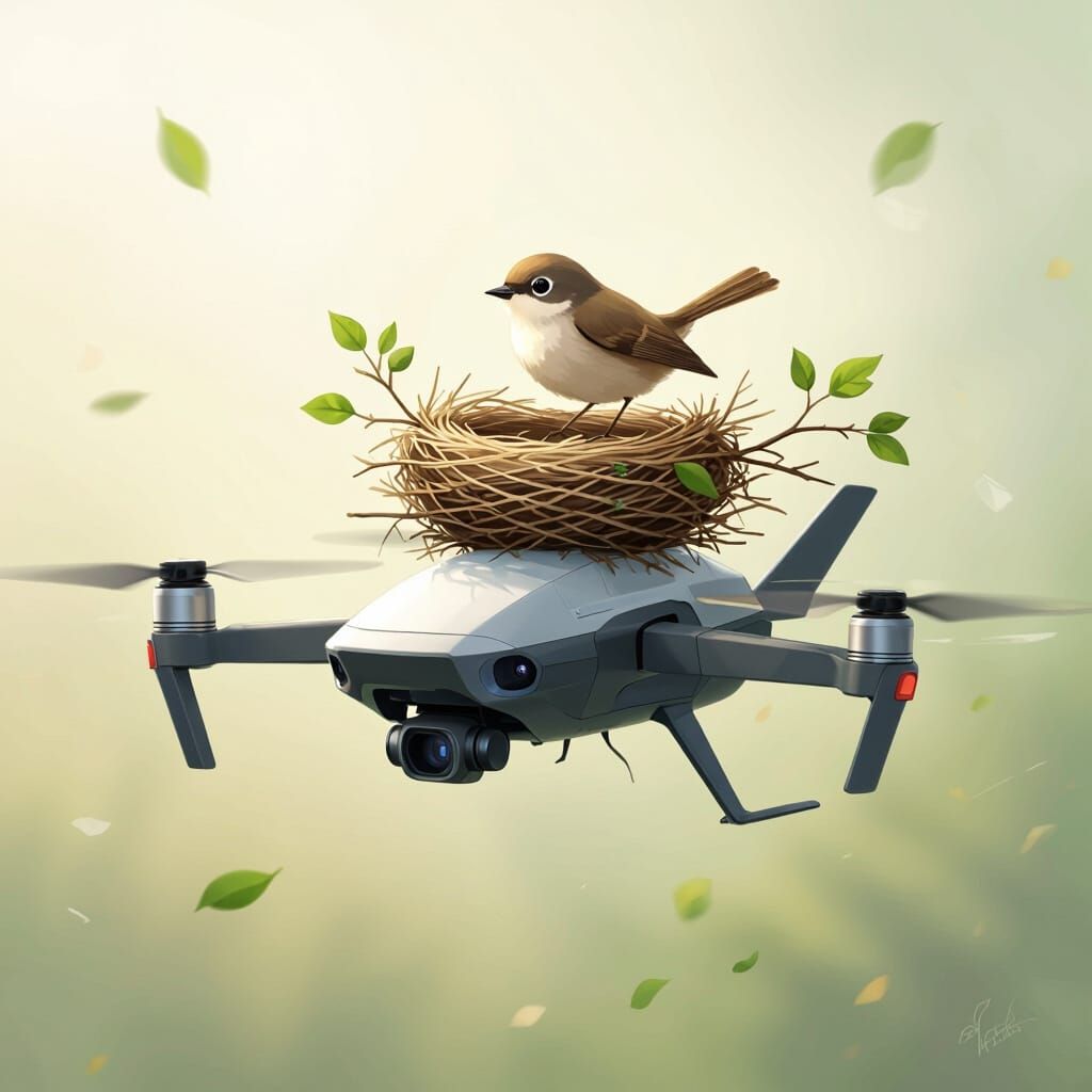 Whimsical Bird Nest on Hovering Drone