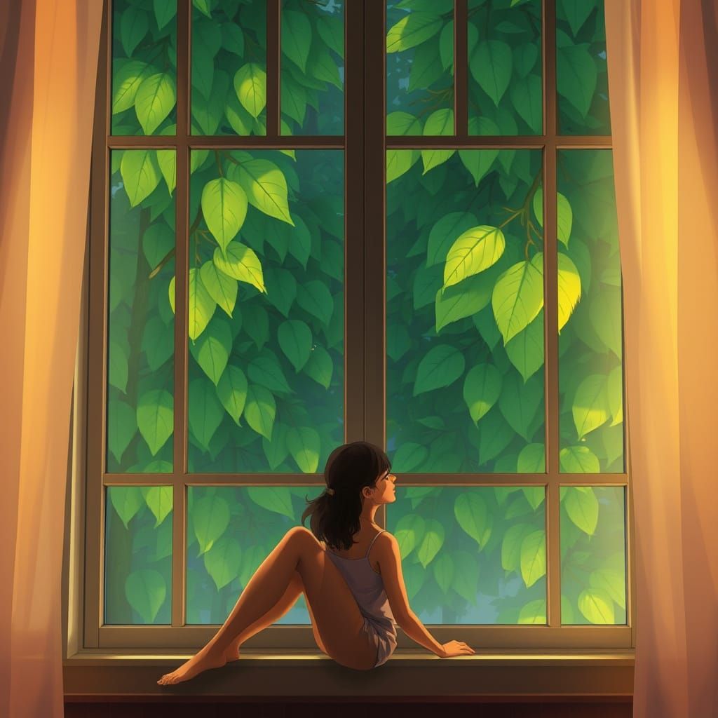 Woman by Illuminated Windows with Lush Greenery