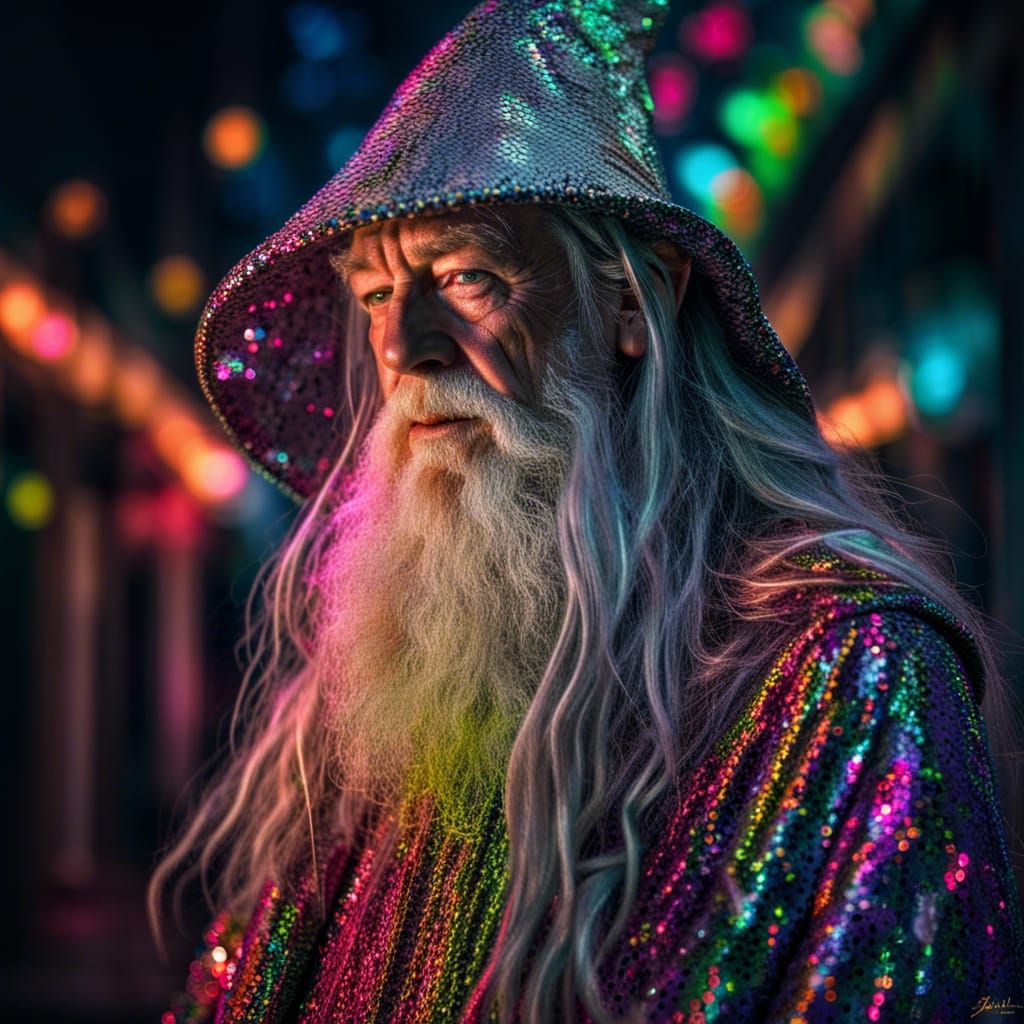 Gandalf in Sequin Dress: Hyperrealistic Full Body Shot