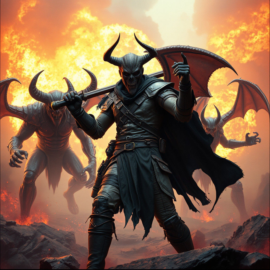 Demon Hunter in Explosive Battle, Soft Color Palette