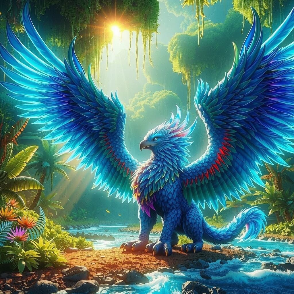 Blue Fire Griffin in Lush Tropical Riverbed