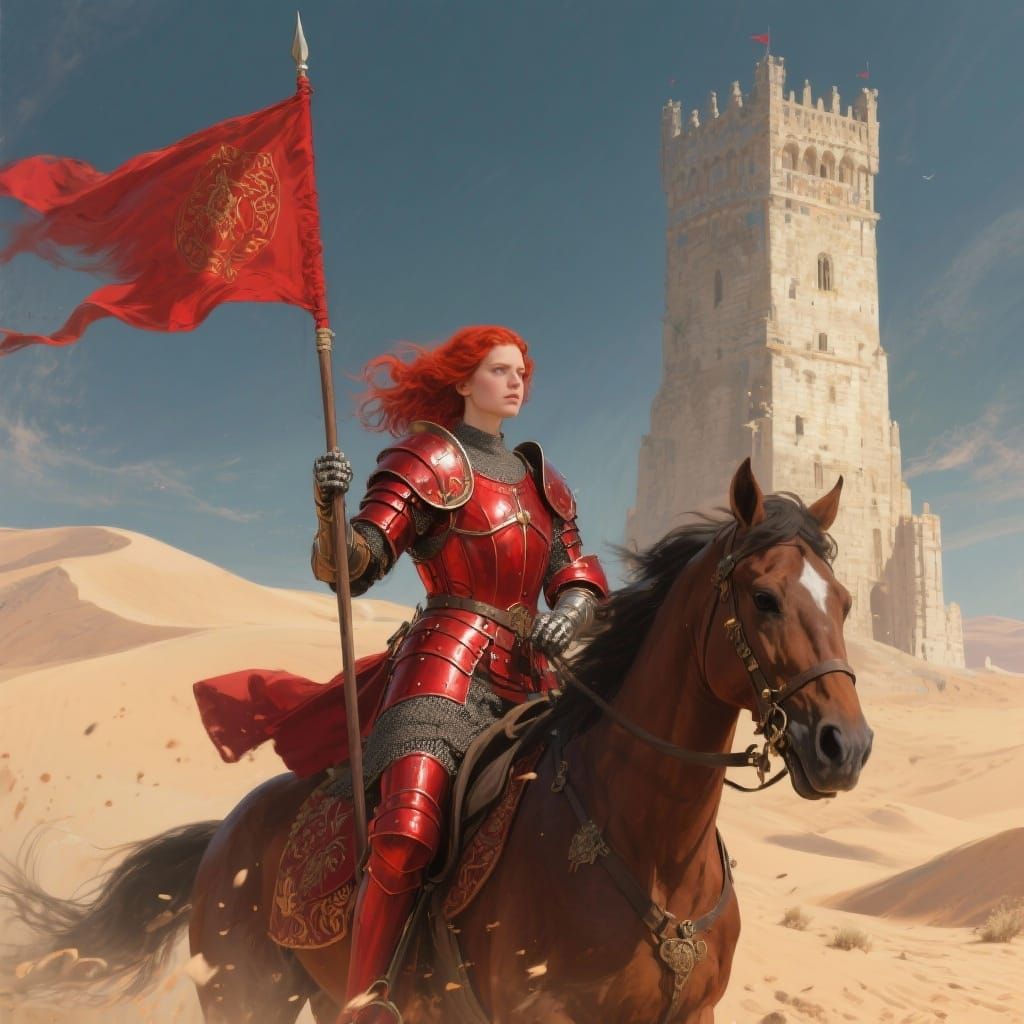Redheaded Knight Carries Red Flag Before Tower