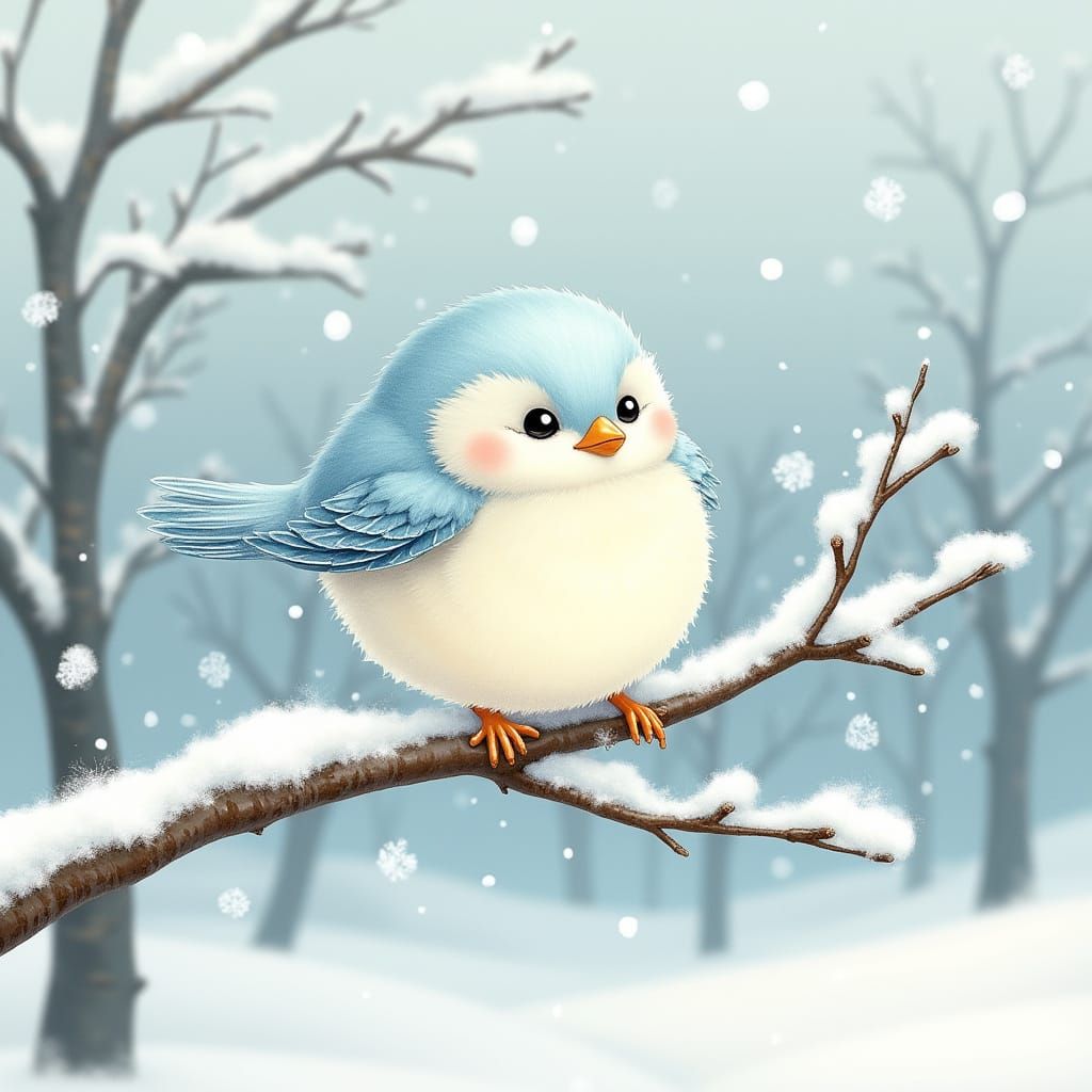 Japanese Snow Fairy Bird Perched on Branch in Winter Landsca...