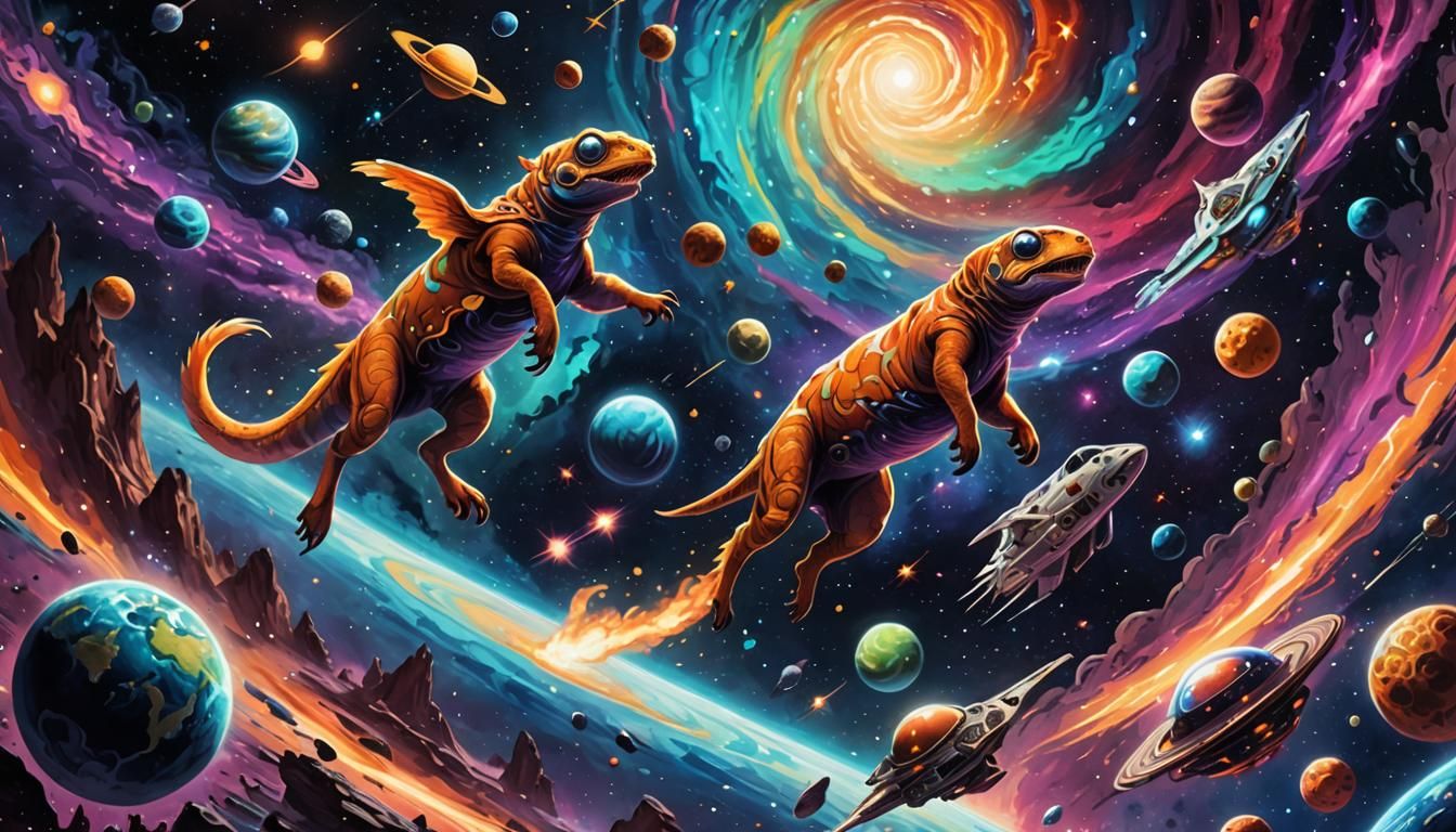 Leaping Creatures in Vibrant Cosmic Surrealism