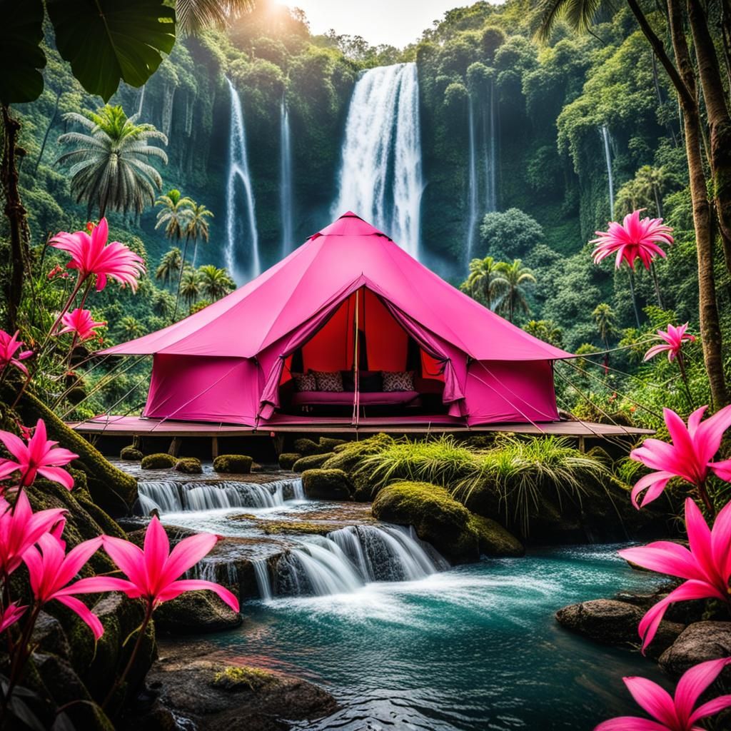 Pink Tent Camping in a Tropical Jungle