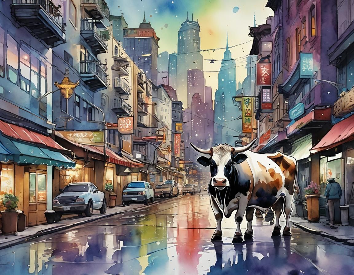 Vibrant Watercolor Cow in Downtown Fantasycore