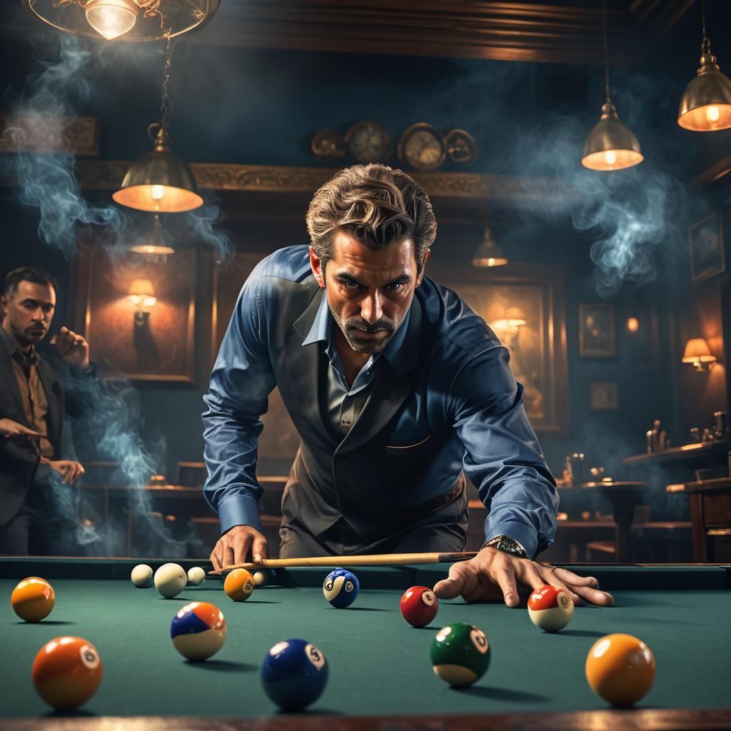 Hyperrealistic Billiards Player in Low-Lit Room