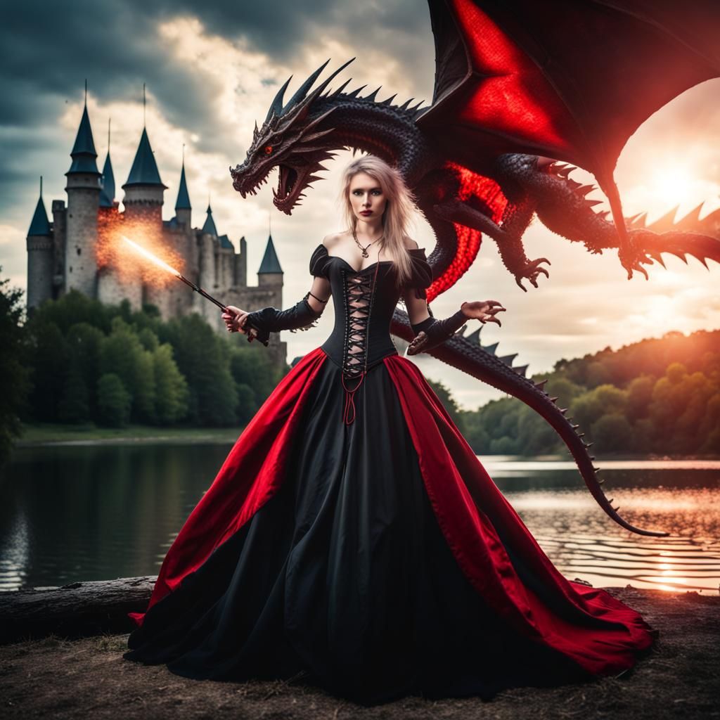 Medieval Sorceress with Dragon and Castle