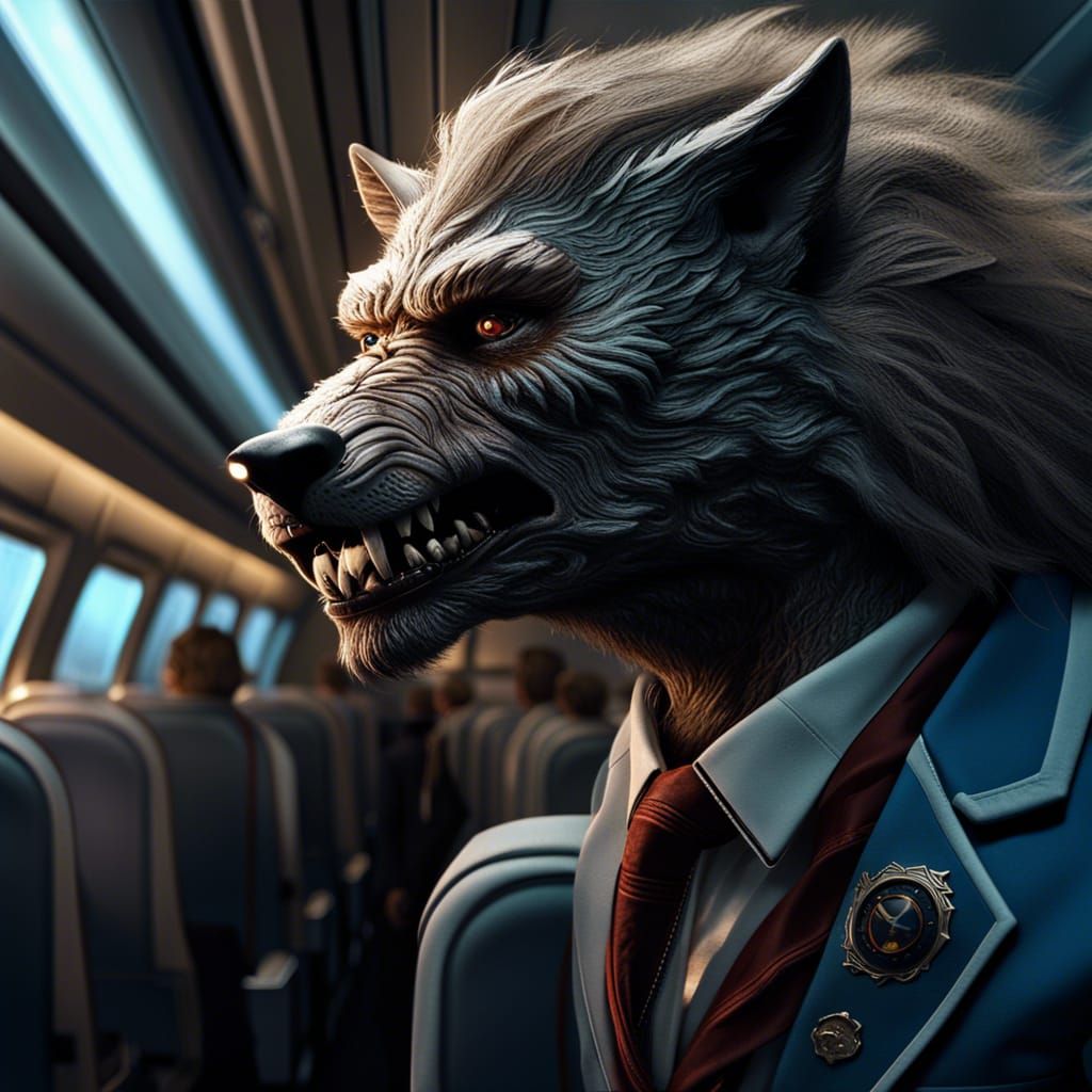Detailed Werewolf Flight Attendant in Digital Matte Painting